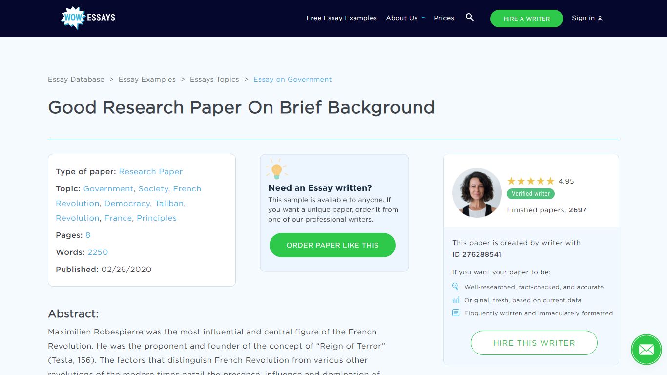 Free Example Of Brief Background Research Paper | WOW Essays